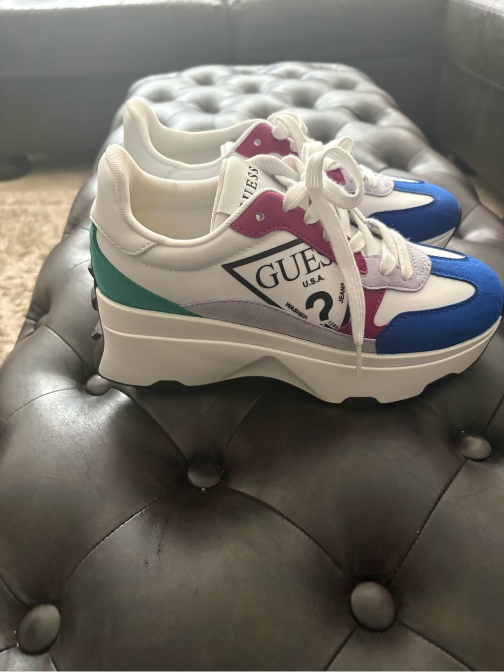 GUESS Women's White Platform Sneakers with Blue, Pink & Green Accents